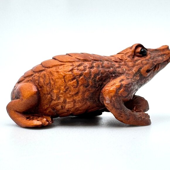 Ojime Bead Netsuke Alligator Crocodile Boxwood Signed Figurine - Picture 7 of 8